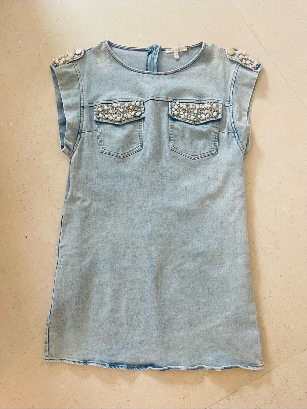 Pastels Clothing Light Blue Denim Mini Dress with Pearl Embellishments